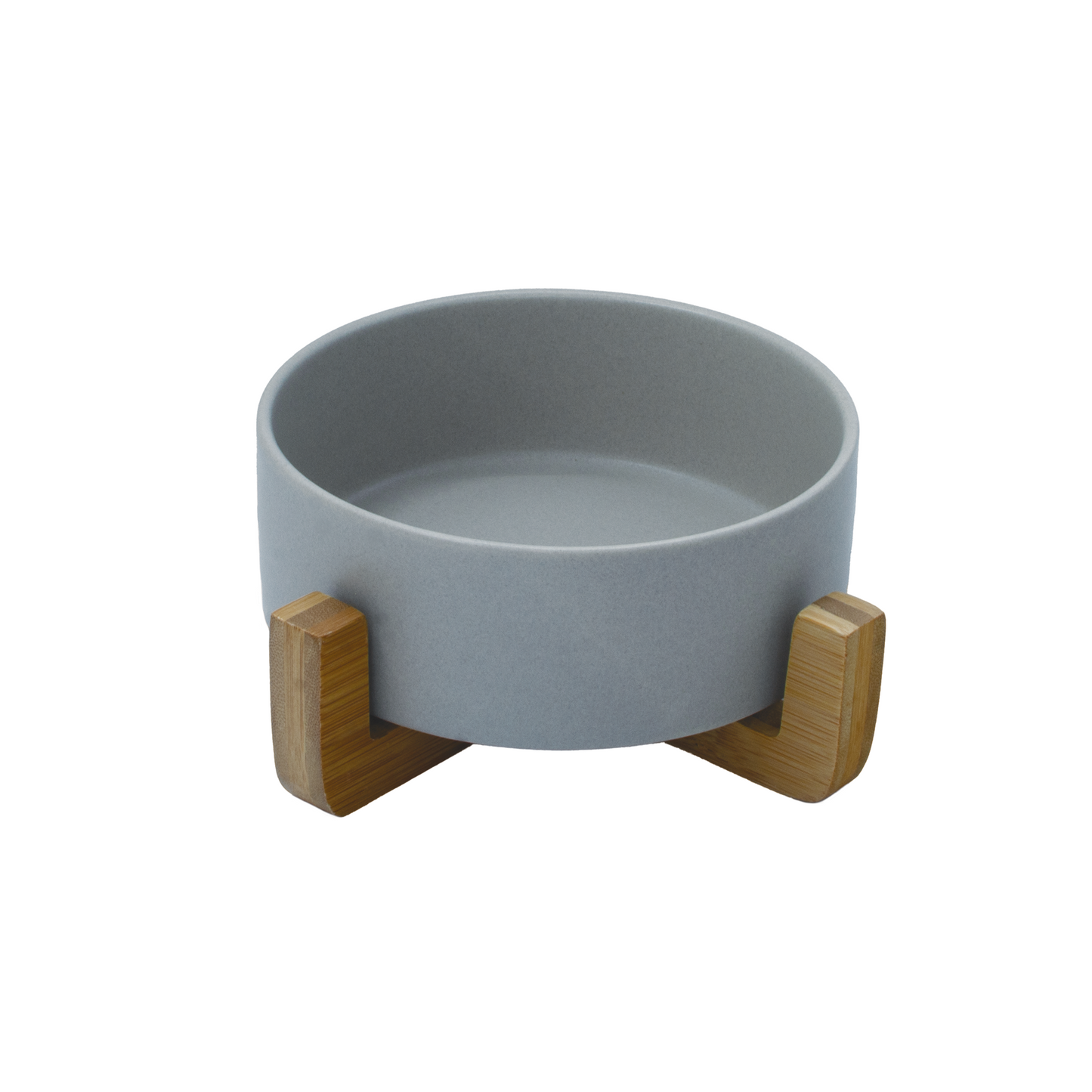 Raised Ceramic Bowl With Bamboo Stand - Grey - Pet Bowl