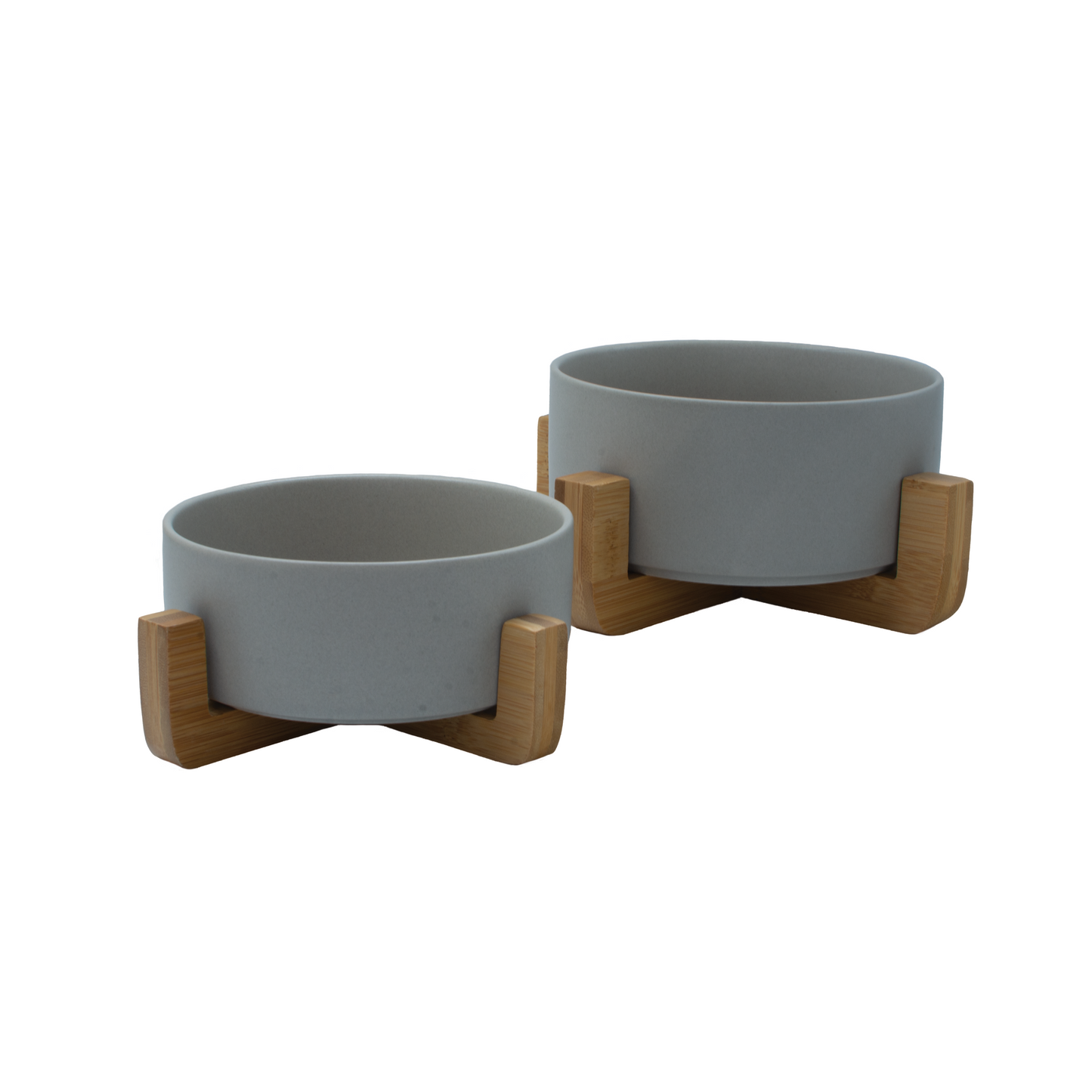 Raised Ceramic Bowl With Bamboo Stand - Grey - Pet Bowl
