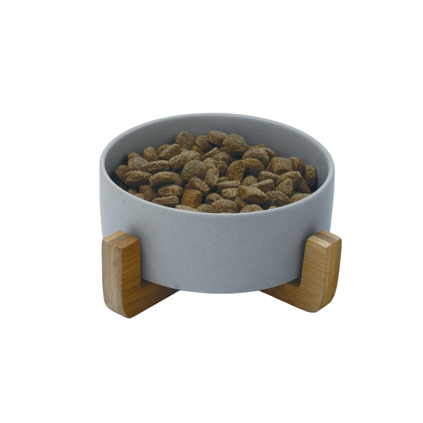 Raised Ceramic Bowl With Bamboo Stand - Grey - Pet Bowl