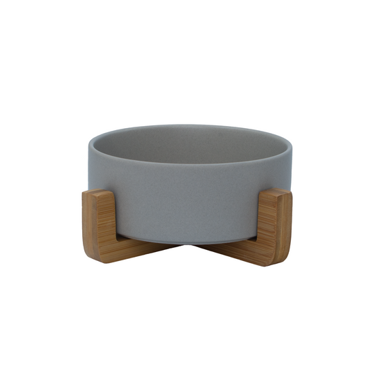 Raised Ceramic Bowl With Bamboo Stand - Grey - Pet Bowl