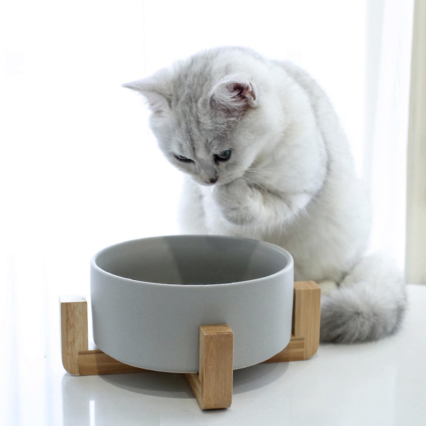 Raised Ceramic Bowl With Bamboo Stand - Grey - Pet Bowl