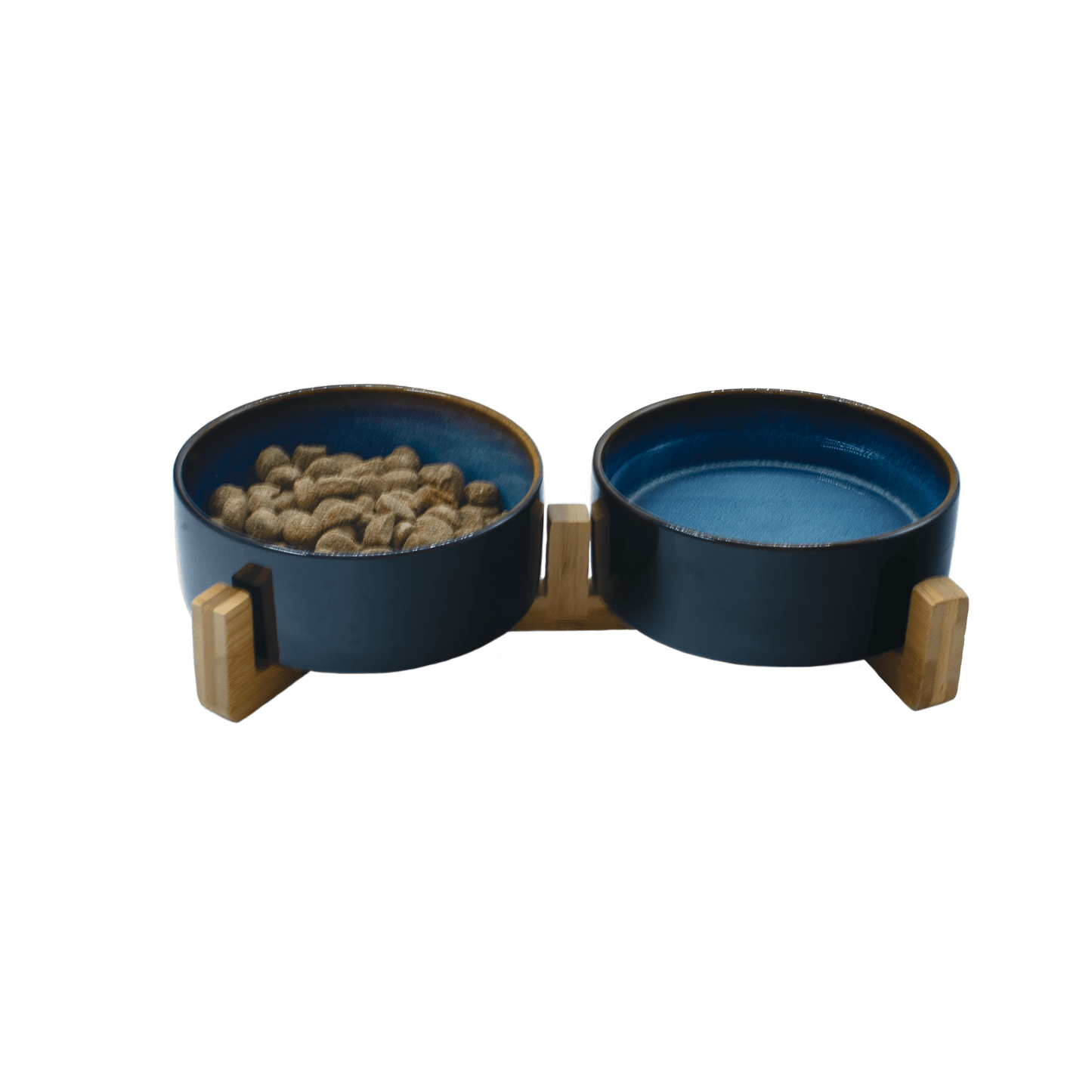 Raised Double Ceramic Bowl With Bamboo Stand - Black - Pet Bowls - Urbanpaws