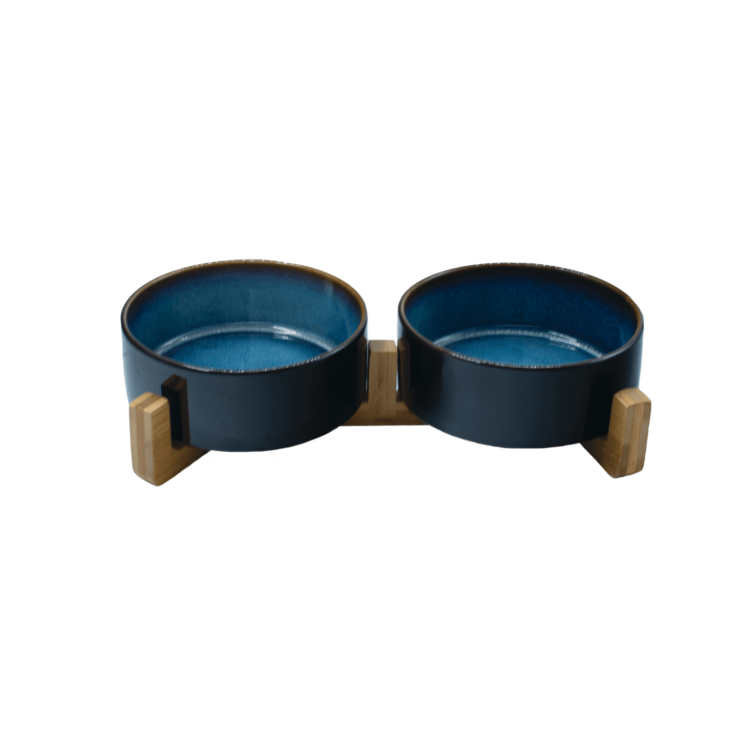 Raised Double Ceramic Bowl With Bamboo Stand - Black - Pet Bowls - Urbanpaws