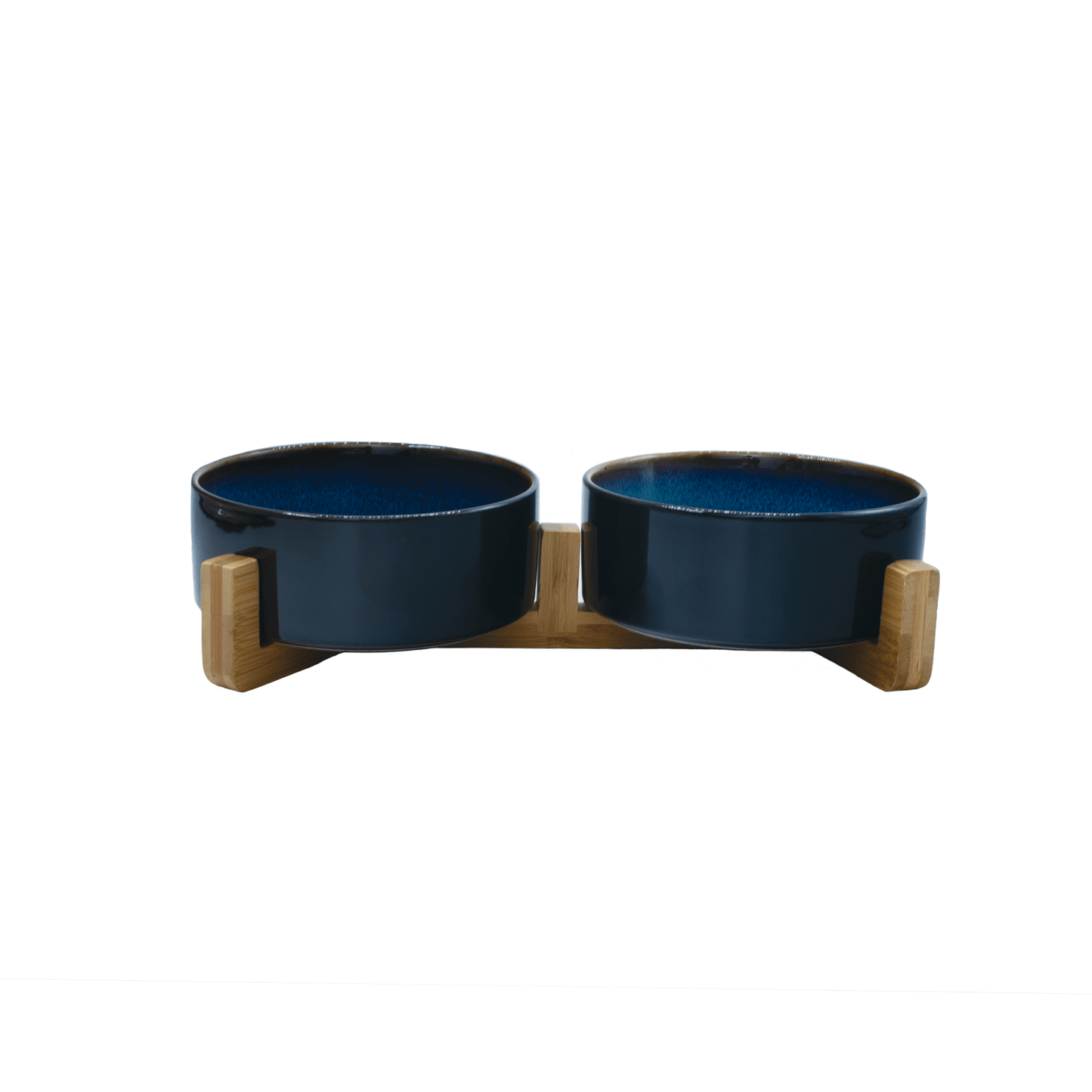 Raised Double Ceramic Bowl With Bamboo Stand - Black - Pet Bowls - Urbanpaws