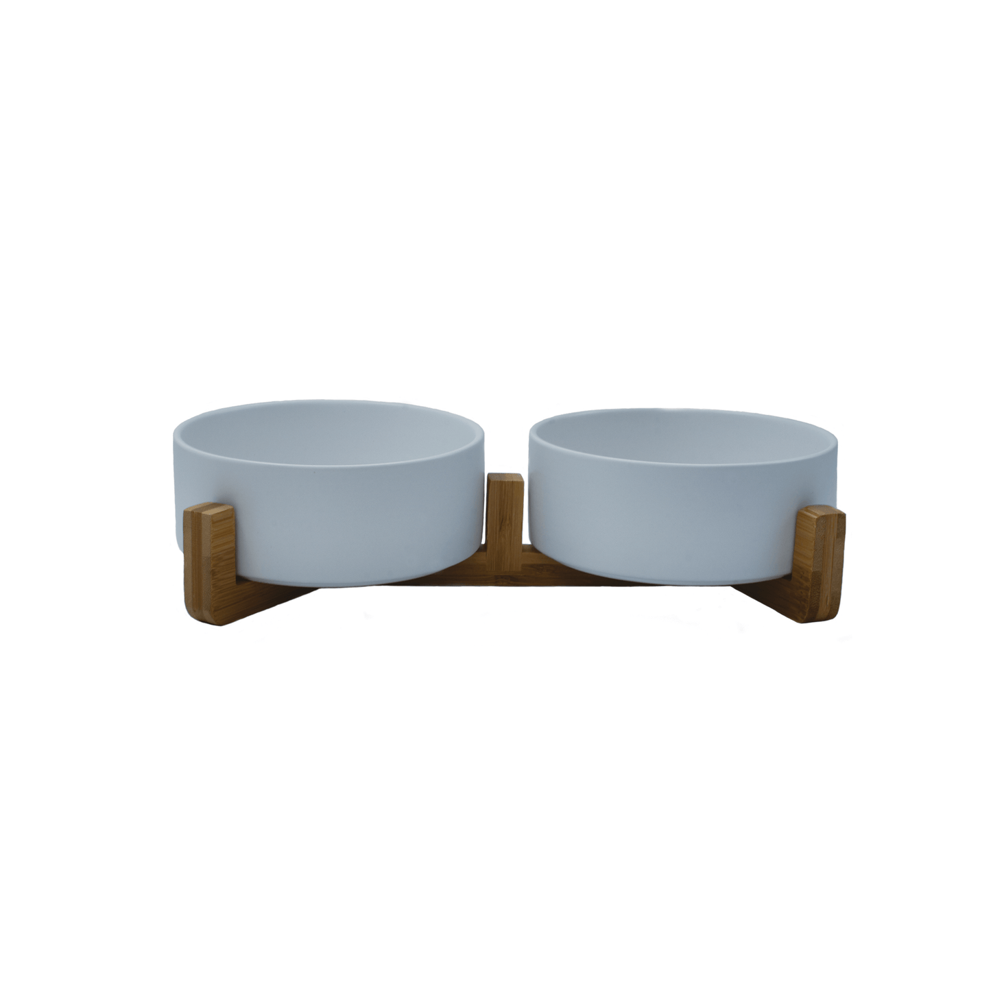 Raised Double Ceramic bowl with Bamboo stand - White - Urbanpaws